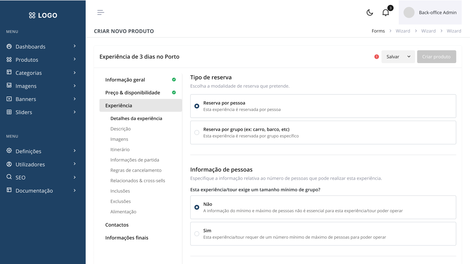 imagem do processo de criação de uma experiência na plataforma